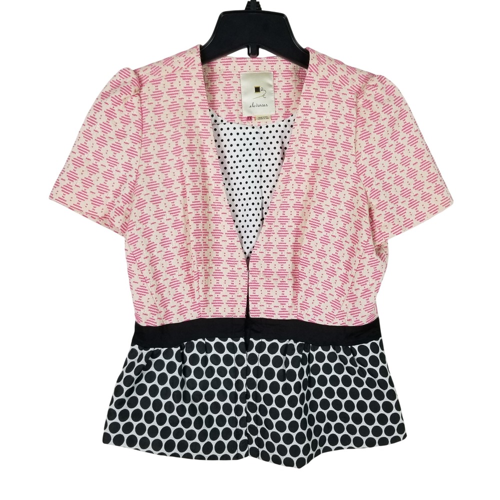Anthropologie Elevenses Peplum Jacket Women 2 Pink Black Polka Dot Short Sleeve